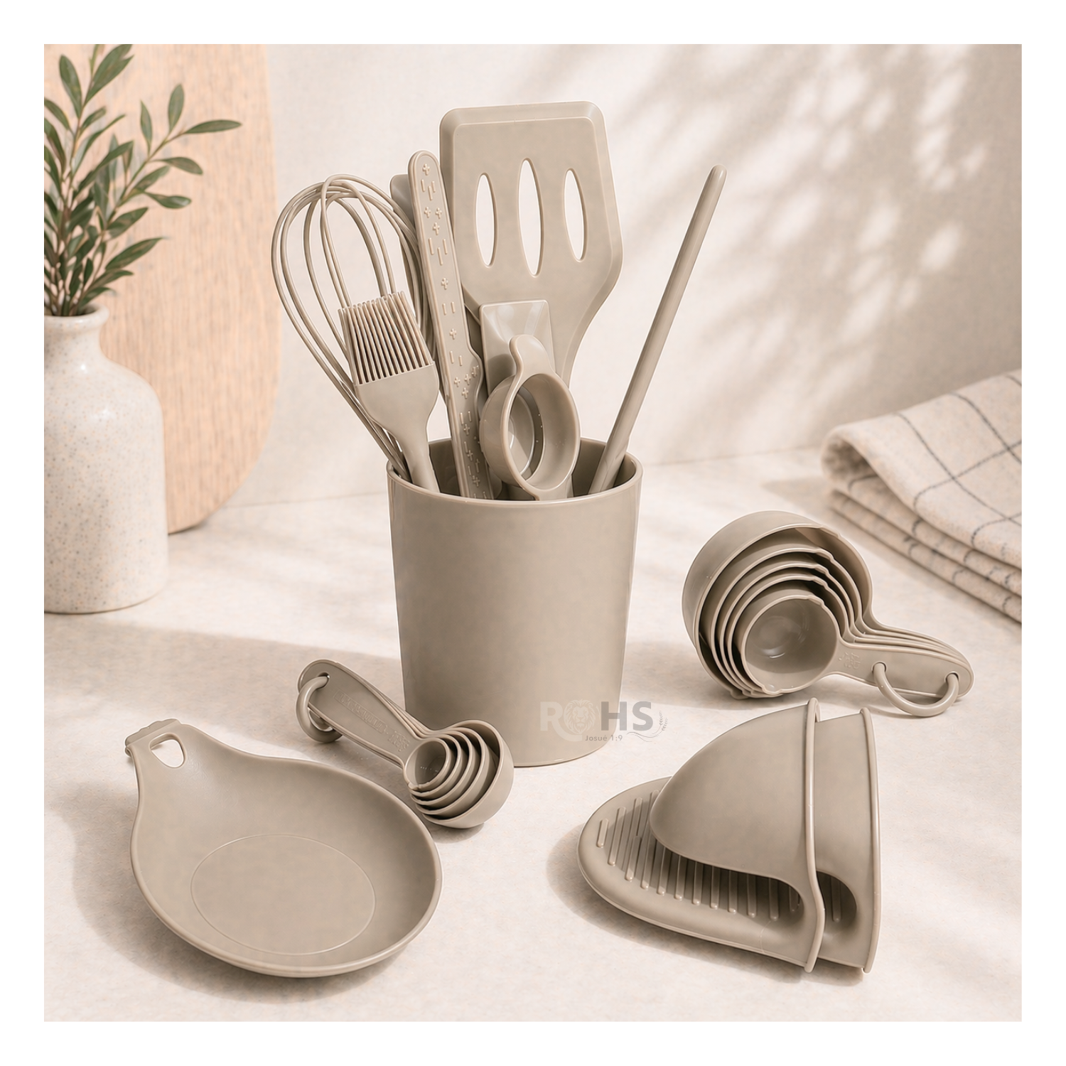 SET DE UTENSILIOS DE COCINA SILICONA 21 PIEZAS CON BASE Y ACCESORIOS RESISTENTE AL CALOR - CAFÉ - 5