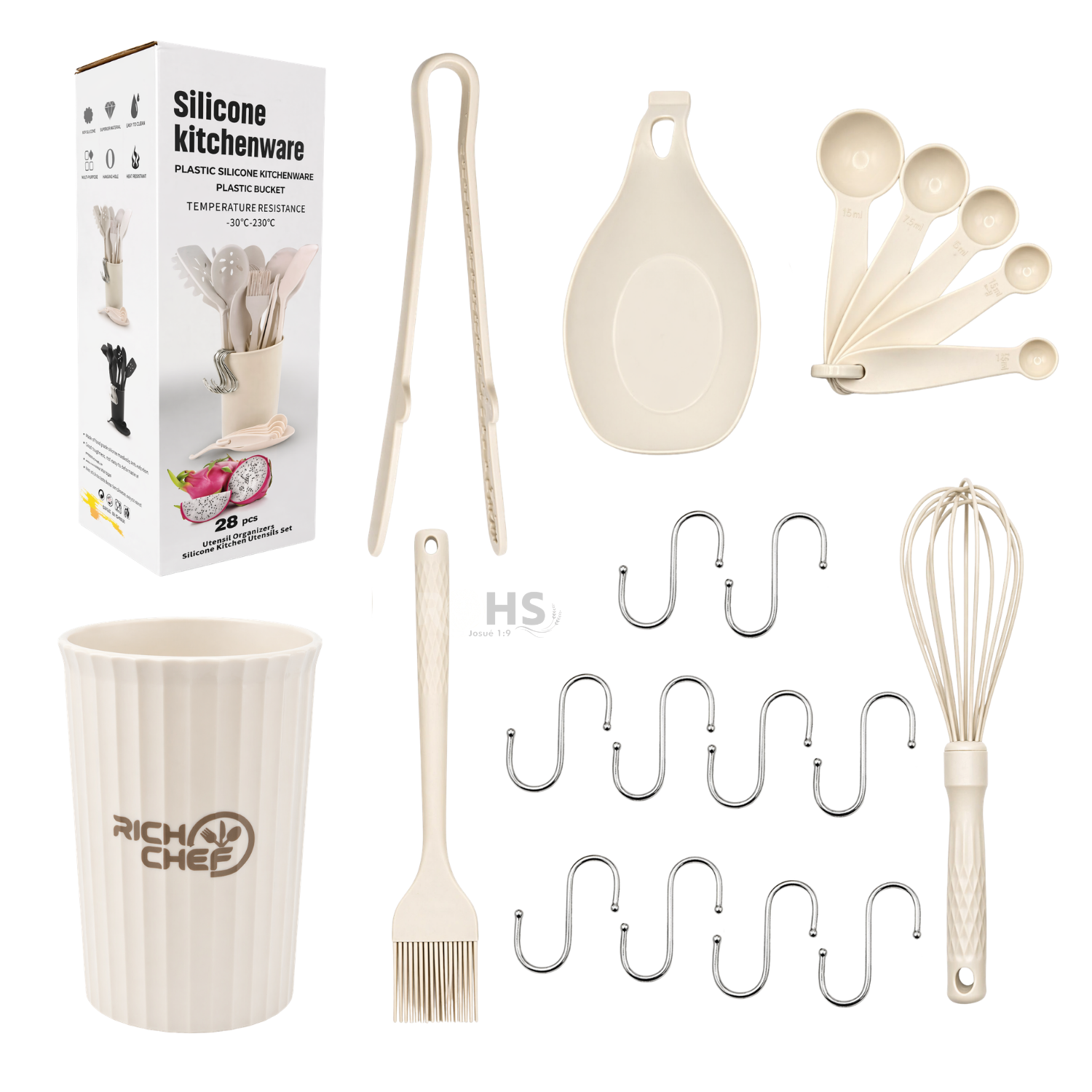 SET DE UTENSILIOS DE COCINA SILICONA 28 PIEZAS CON BASE Y ACCESORIOS RESISTENTE AL CALOR BEIGE - 3