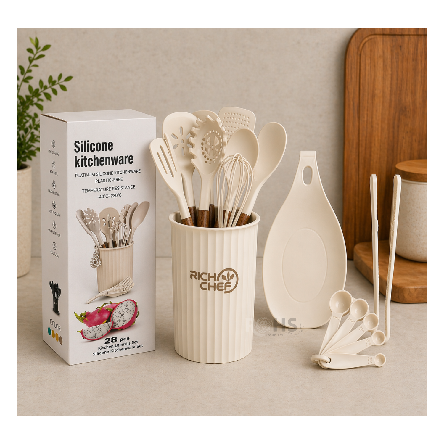 SET DE UTENSILIOS DE COCINA SILICONA 28 PIEZAS CON BASE Y ACCESORIOS RESISTENTE AL CALOR BEIGE - 5