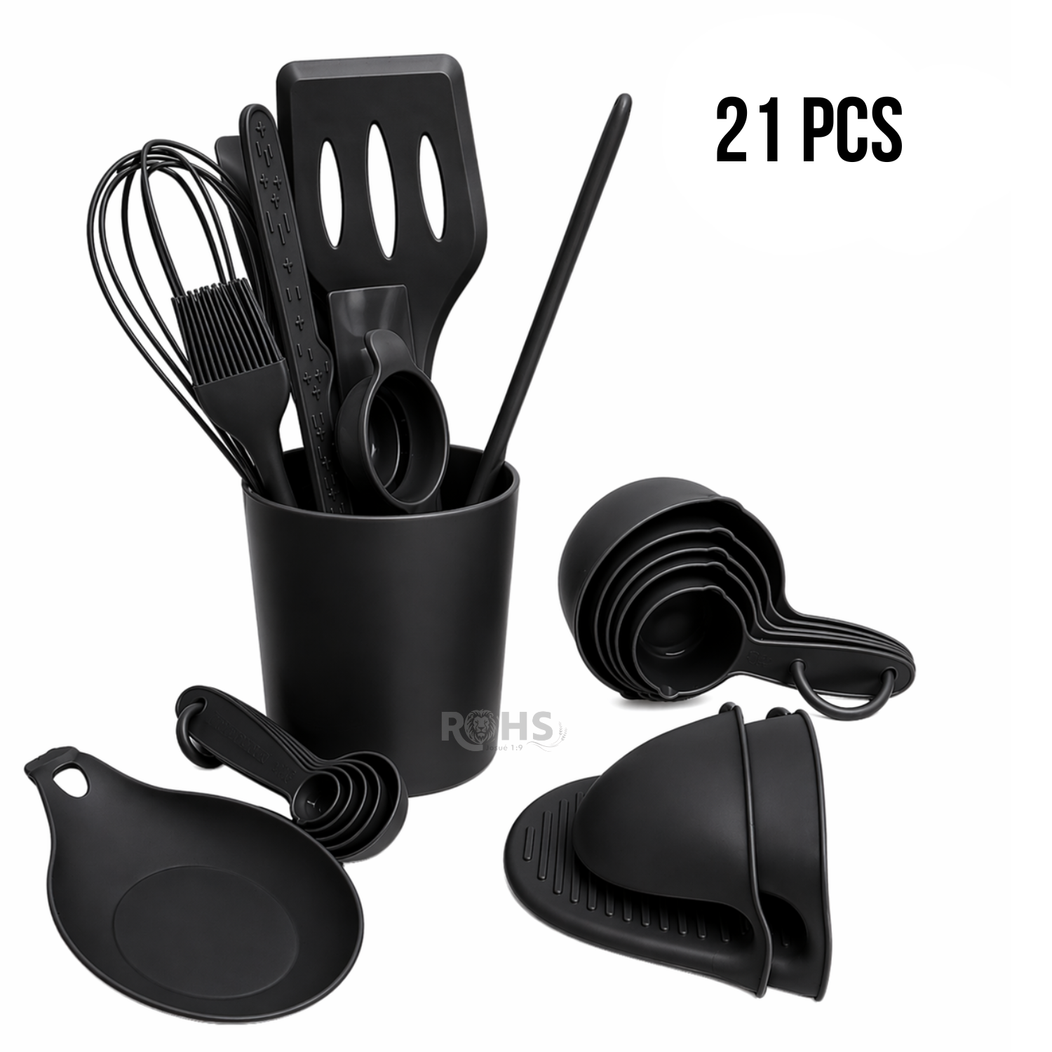 SET DE UTENSILIOS DE COCINA SILICONA 21 PIEZAS CON BASE Y ACCESORIOS RESISTENTE AL CALOR - NEGRO - 1