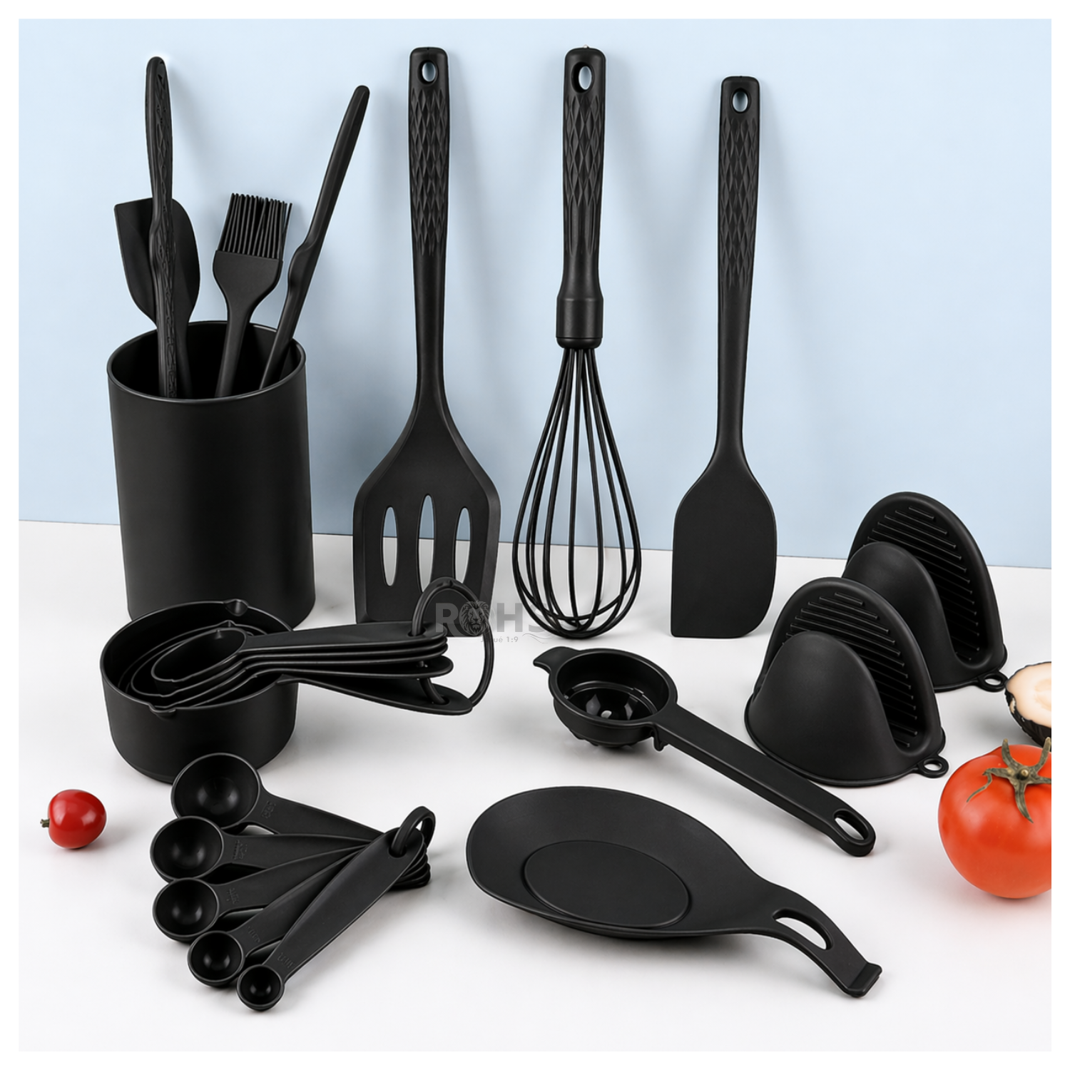 SET DE UTENSILIOS DE COCINA SILICONA 21 PIEZAS CON BASE Y ACCESORIOS RESISTENTE AL CALOR - NEGRO - 2