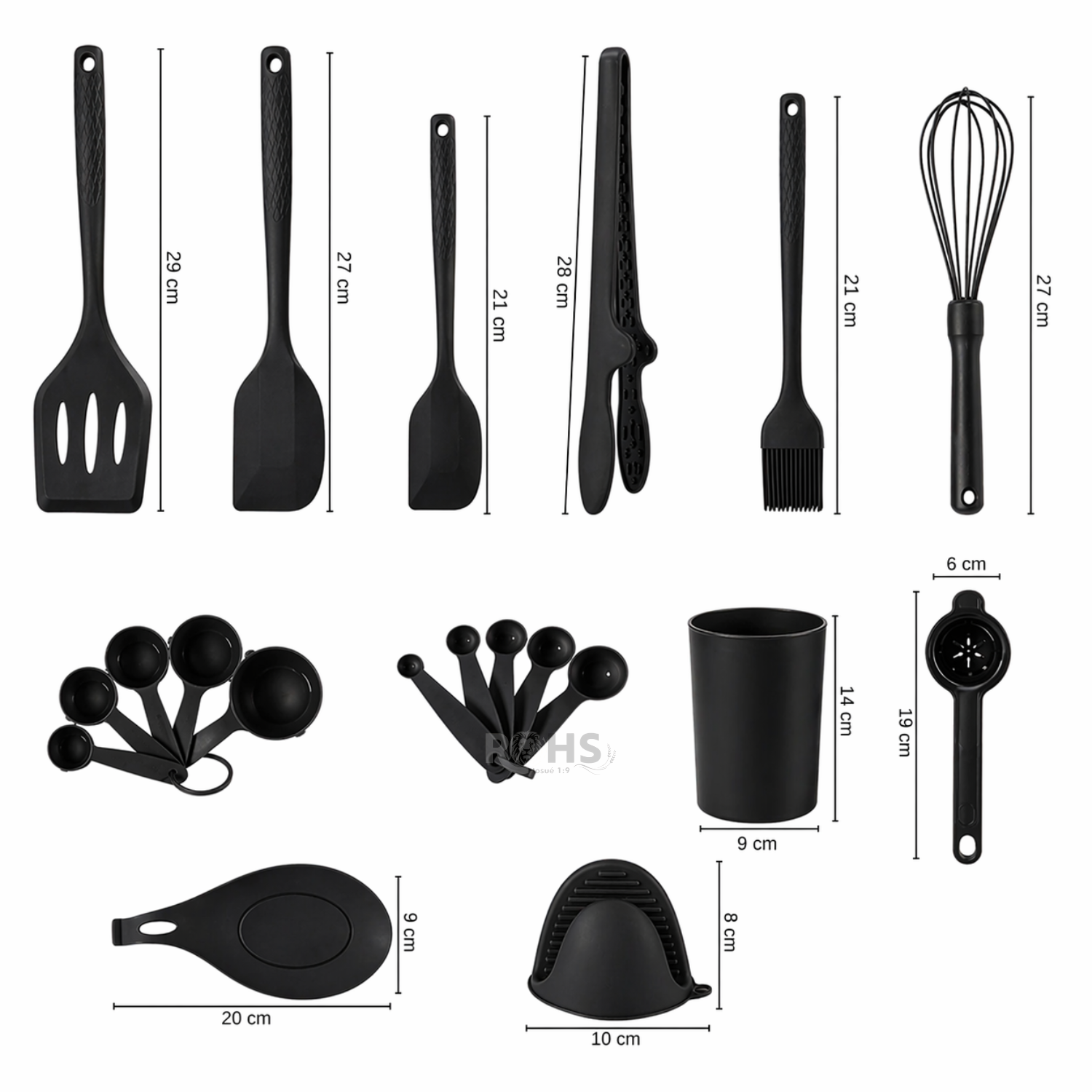 SET DE UTENSILIOS DE COCINA SILICONA 21 PIEZAS CON BASE Y ACCESORIOS RESISTENTE AL CALOR - NEGRO - 4