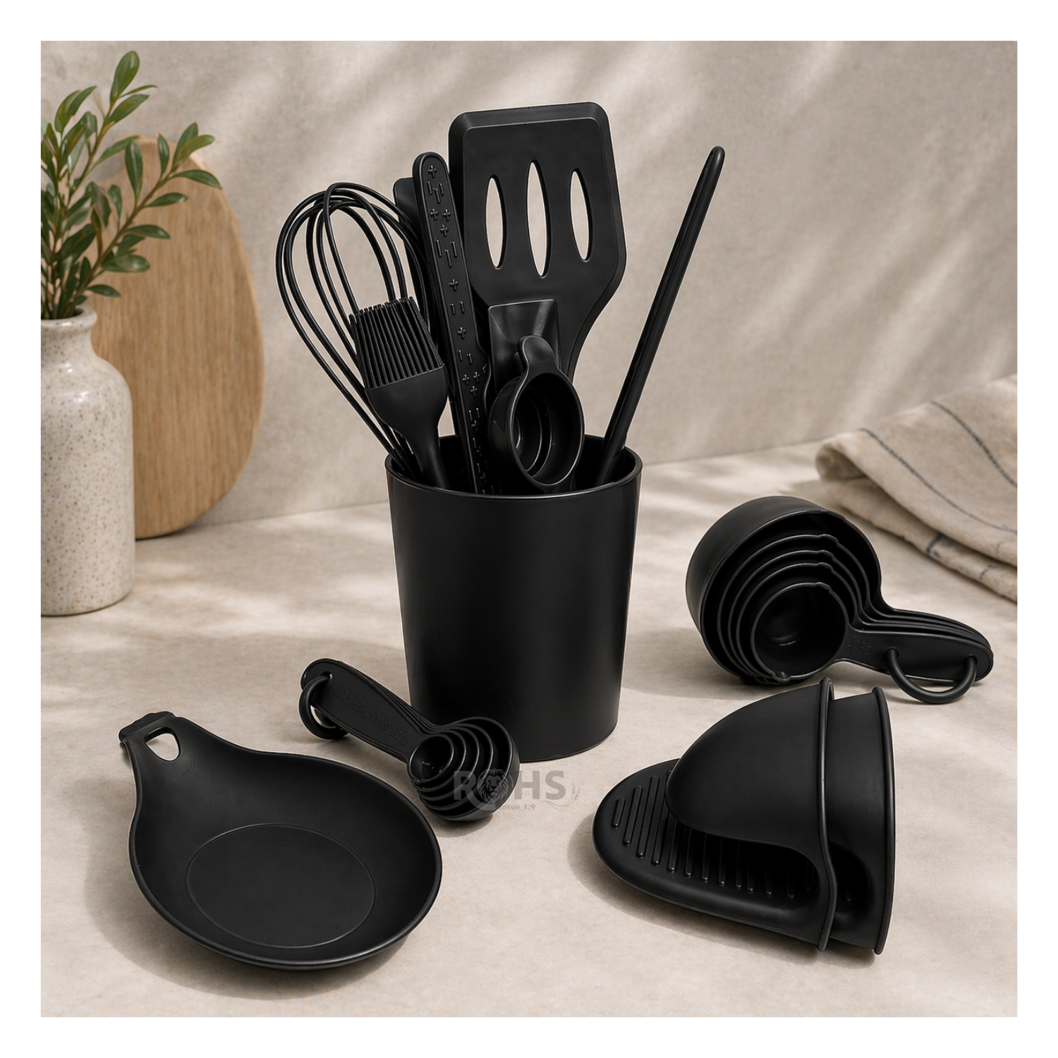 SET DE UTENSILIOS DE COCINA SILICONA 21 PIEZAS CON BASE Y ACCESORIOS RESISTENTE AL CALOR - NEGRO - 5