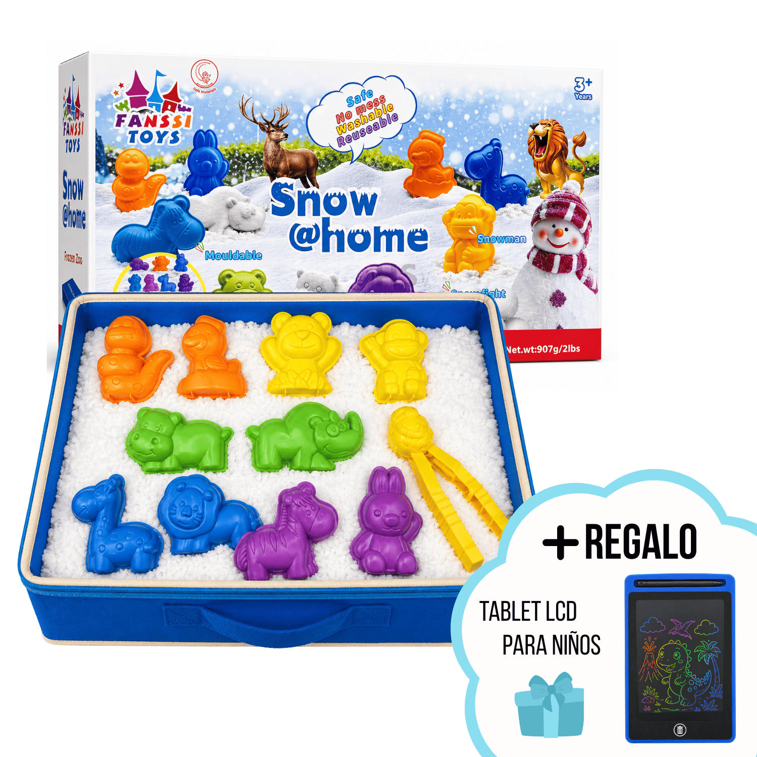 NIEVE MÁGICA PARA NIÑOS CON MOLDES Y CAJA ANTIDESORDEN + TABLET LCD DE REGALO - 1