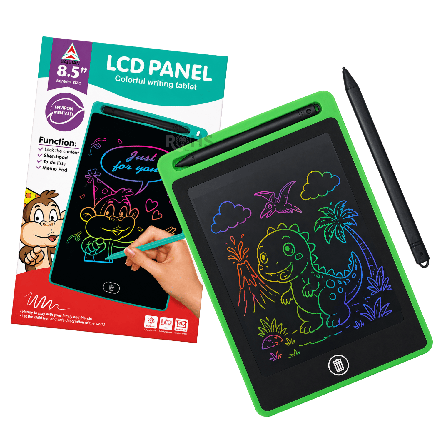 TABLET LCD VERDE 8.5 PARA DIBUJAR NIÑOS PIZARRA DIGITAL REUTILIZABLE CON LÁPIZ ESCRITURA SIN PAPEL - 3