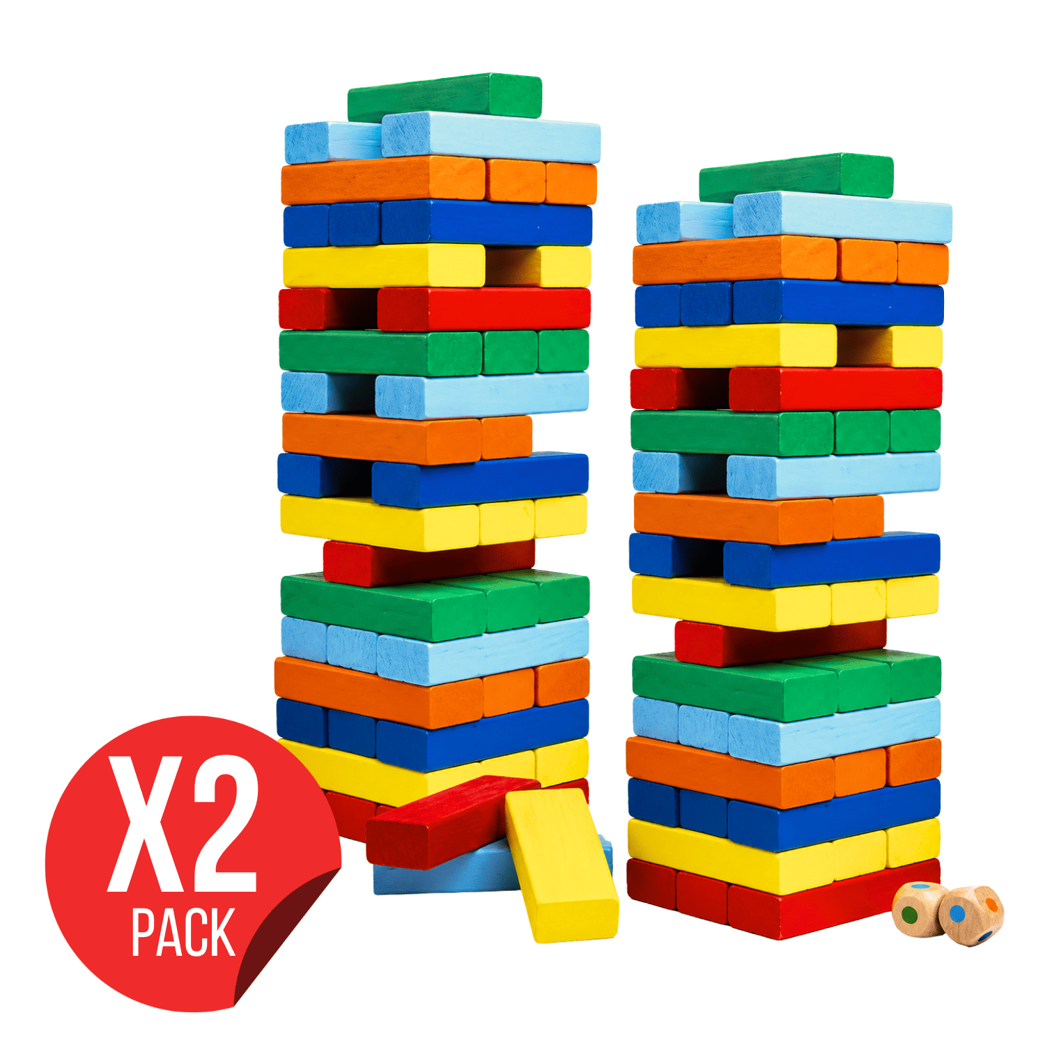 PACK X2 JUEGO DE BLOQUES DE MADERA TIPO JENGA 54 PIEZAS CON DADOS EDUCATIVO MULTICOLOR - 1
