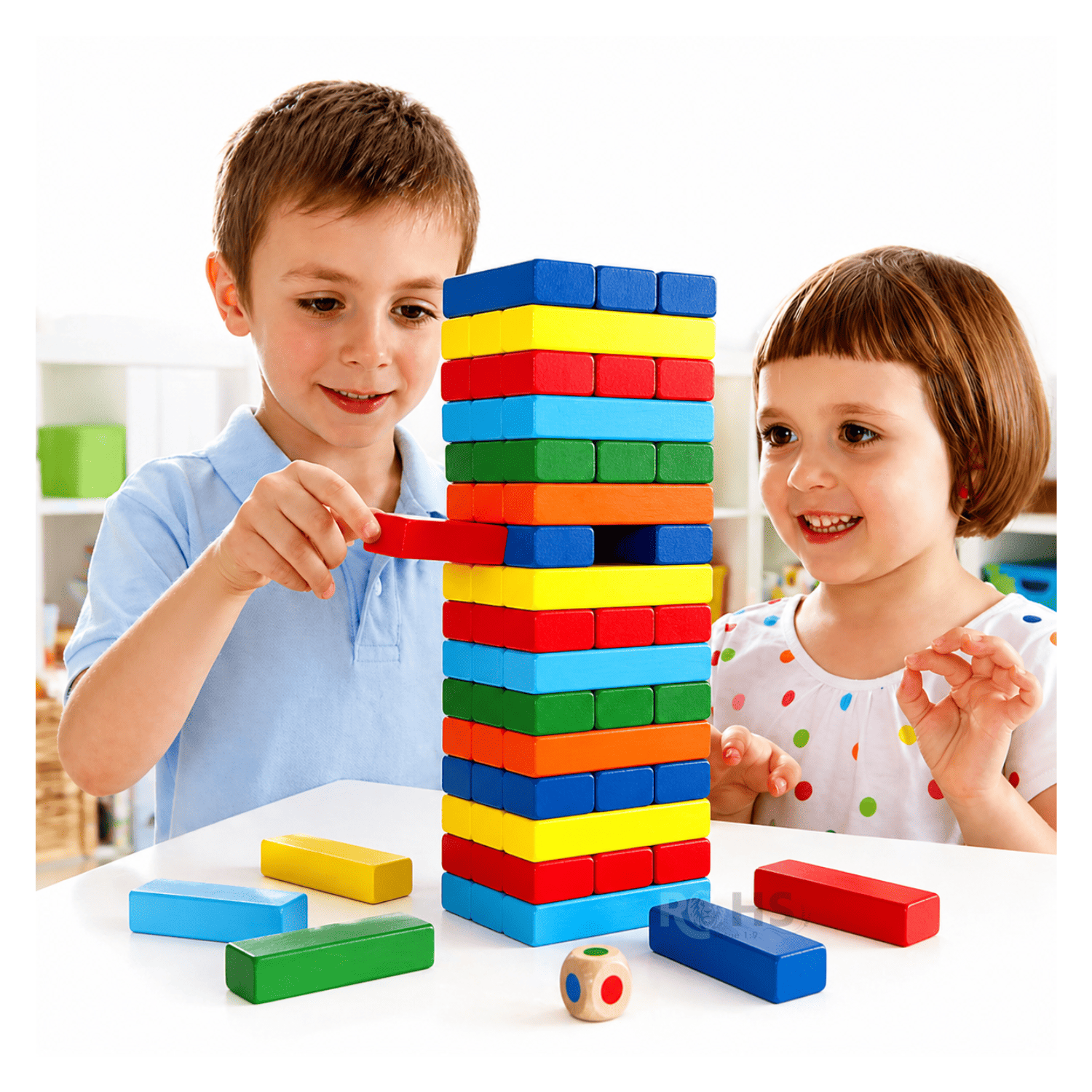 PACK X2 JUEGO DE BLOQUES DE MADERA TIPO JENGA 54 PIEZAS CON DADOS EDUCATIVO MULTICOLOR - 2
