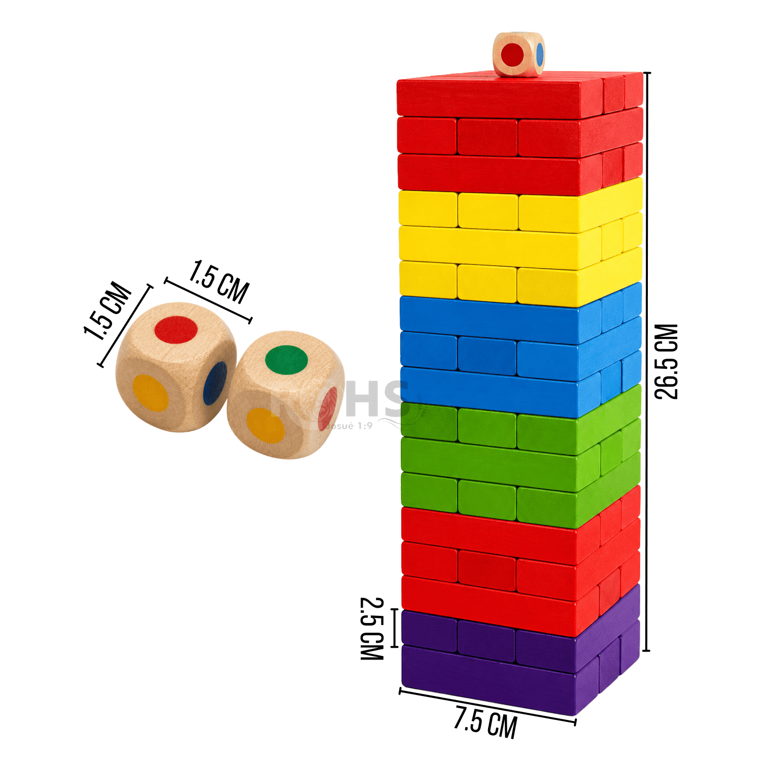 PACK X2 JUEGO DE BLOQUES DE MADERA TIPO JENGA 54 PIEZAS CON DADOS EDUCATIVO MULTICOLOR - 3