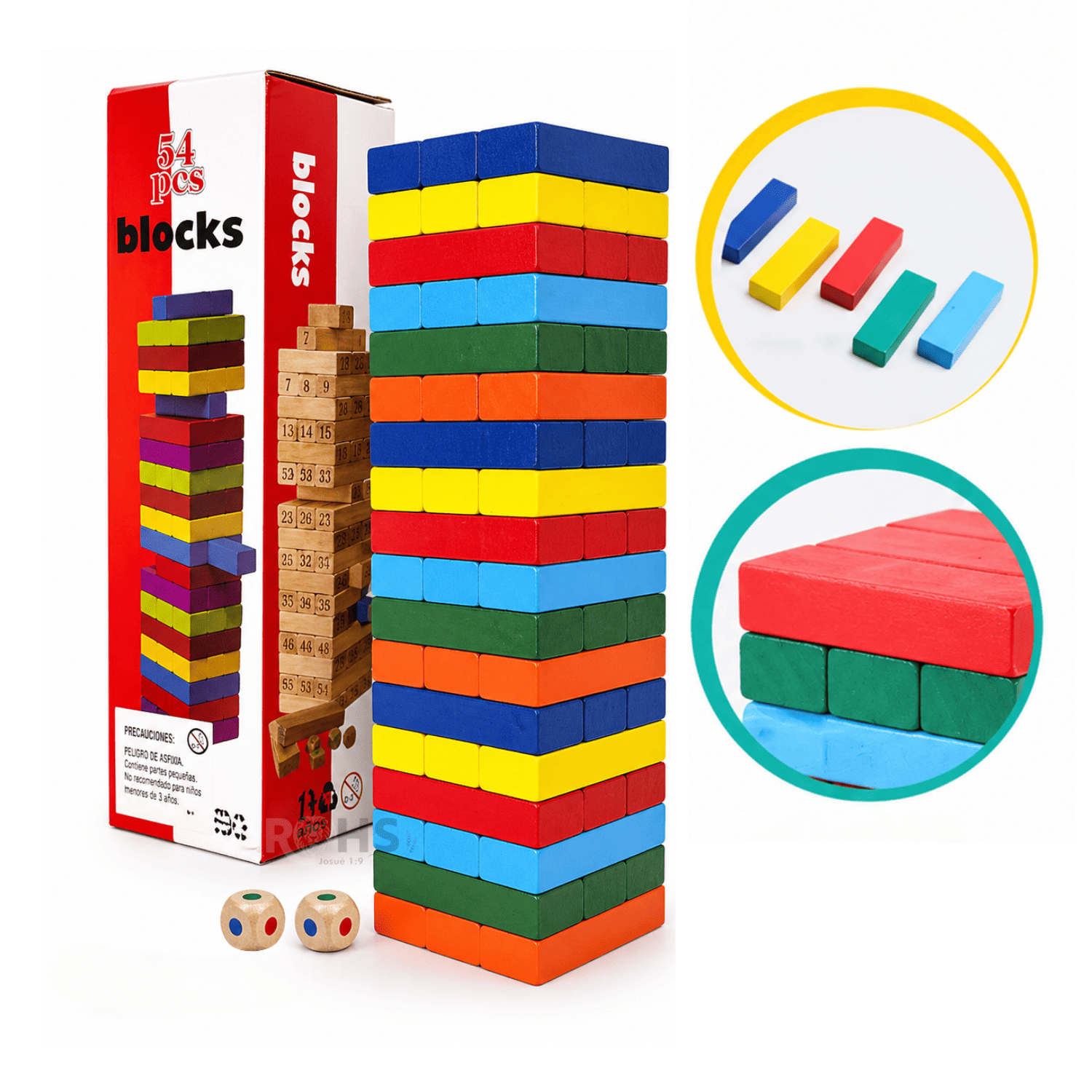 PACK X2 JUEGO DE BLOQUES DE MADERA TIPO JENGA 54 PIEZAS CON DADOS EDUCATIVO MULTICOLOR - 5