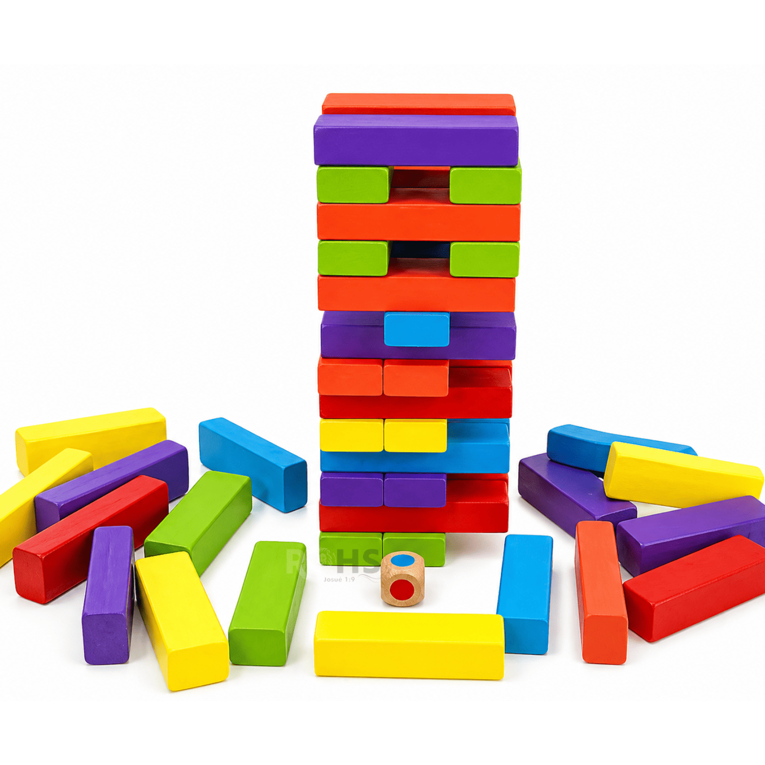 PACK X2 JUEGO DE BLOQUES DE MADERA TIPO JENGA 54 PIEZAS CON DADOS EDUCATIVO MULTICOLOR - 6