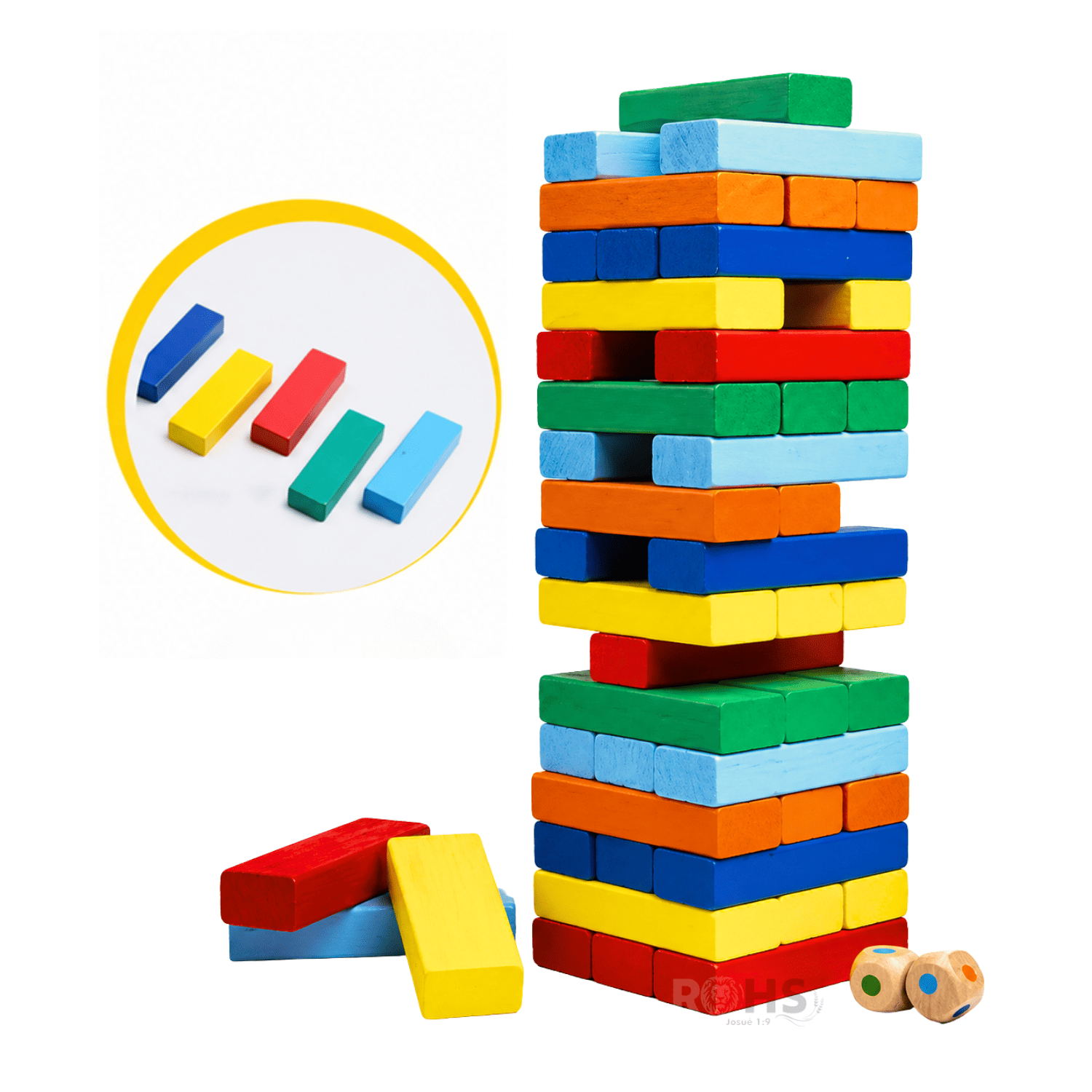 PACK X2 JUEGO DE BLOQUES DE MADERA TIPO JENGA 54 PIEZAS CON DADOS EDUCATIVO MULTICOLOR - 7