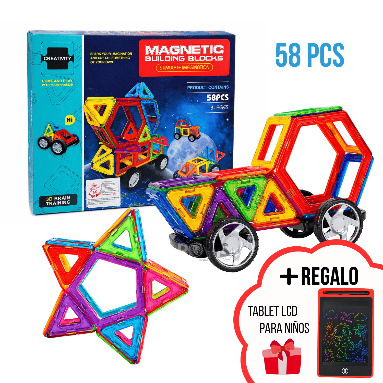 BLOQUES MAGNÉTICOS 58 PIEZAS JUEGO DE CONSTRUCCIÓN EDUCATIVO CON RUEDAS + TABLET LCD REGALO - 1
