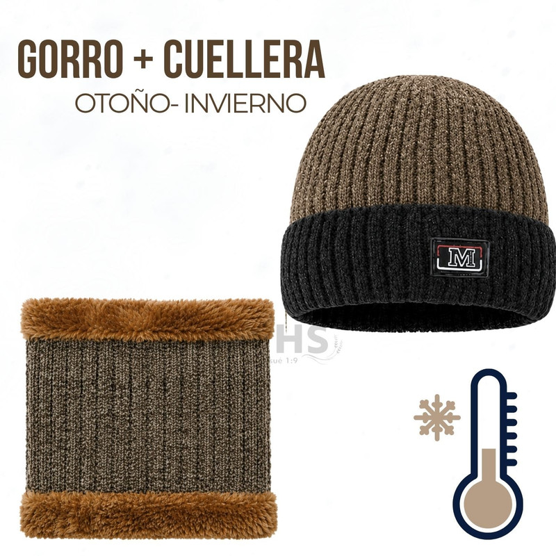 CUELLERA + GORRO MARRÓN DE TELA Y TEJIDO SUAVE - 1