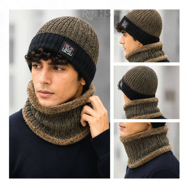 CUELLERA + GORRO MARRÓN DE TELA Y TEJIDO SUAVE - 4