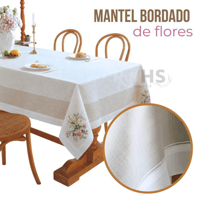 MANTEL BORDADO FLORAL RECTANGULAR BEIGE Y BLANCO 150X250 CM CON DISEÑO ROSA - 1