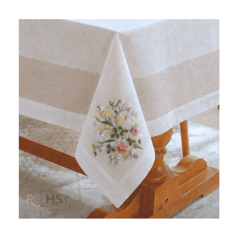MANTEL BORDADO FLORAL RECTANGULAR BEIGE Y BLANCO 150X250 CM CON DISEÑO ROSA - 2
