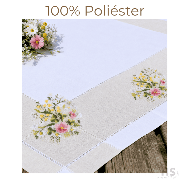 MANTEL BORDADO FLORAL RECTANGULAR BEIGE Y BLANCO 150X250 CM CON DISEÑO ROSA - 5