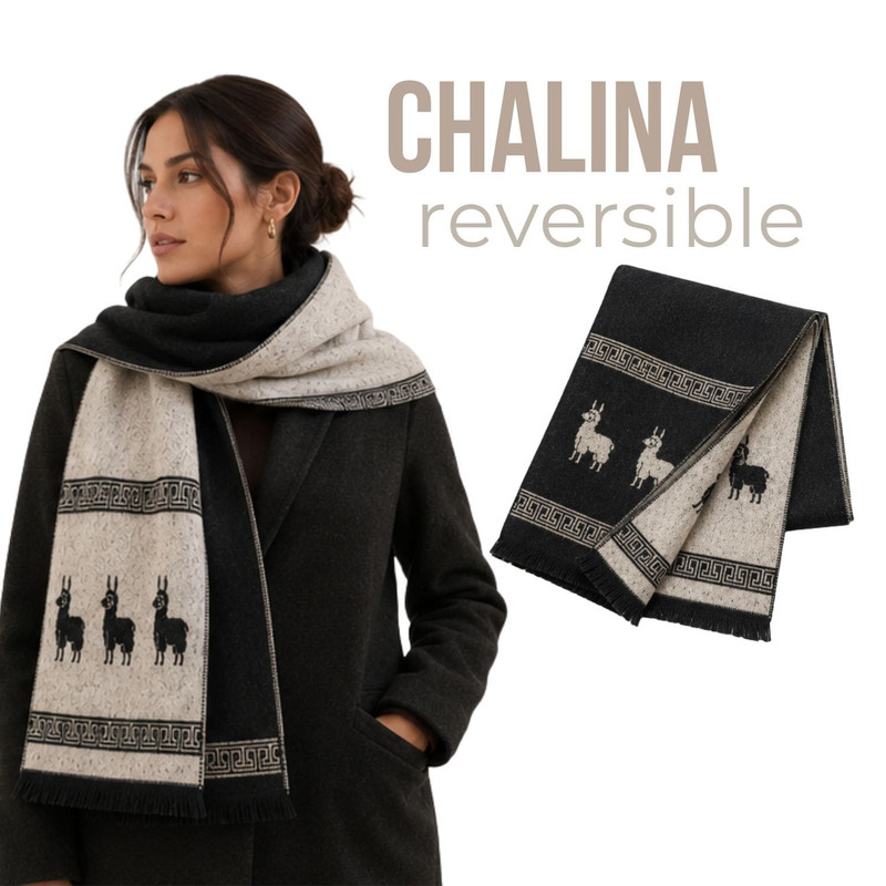 CHALINA REVERSIBLE NEGRA Y BEIGE CON DISEÑO DE LLAMAS TELA SUAVE 184 X 32 CM - 1