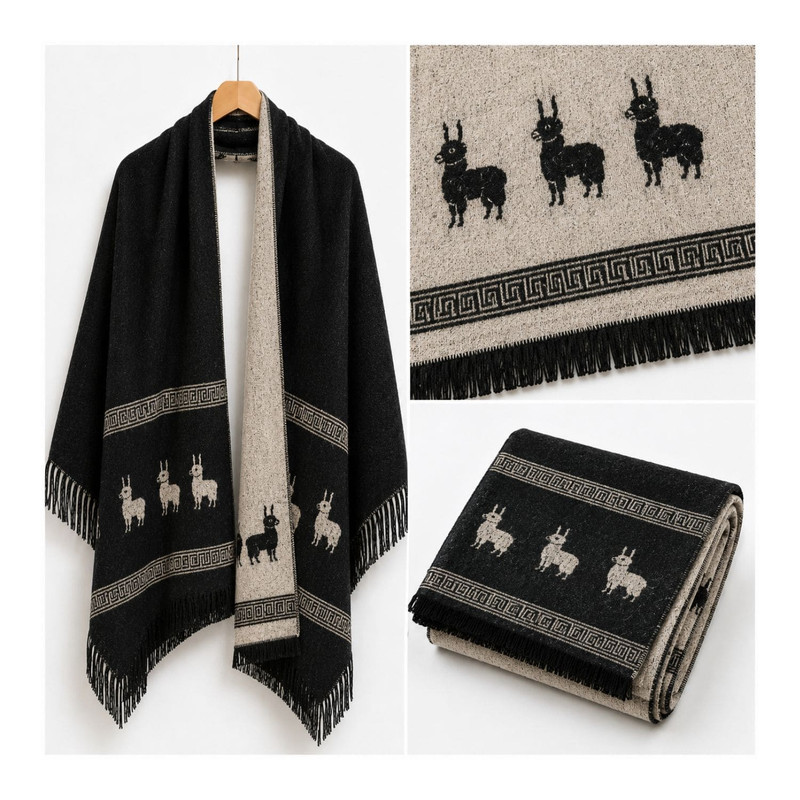 CHALINA REVERSIBLE NEGRA Y BEIGE CON DISEÑO DE LLAMAS TELA SUAVE 184 X 32 CM - 4