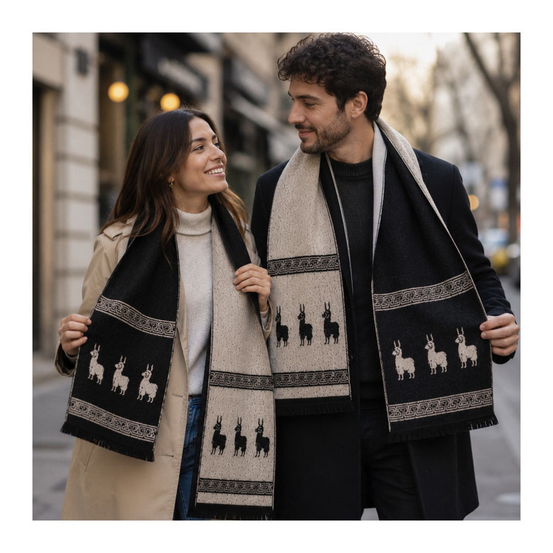 CHALINA REVERSIBLE NEGRA Y BEIGE CON DISEÑO DE LLAMAS TELA SUAVE 184 X 32 CM - 7