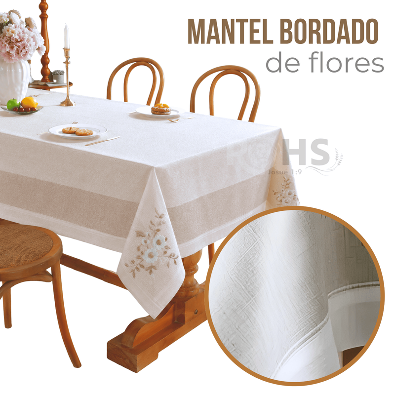 MANTEL BORDADO FLORAL RECTANGULAR BEIGE Y BLANCO 150X250 CM CON DISEÑO FLORAL BEIGE - 1