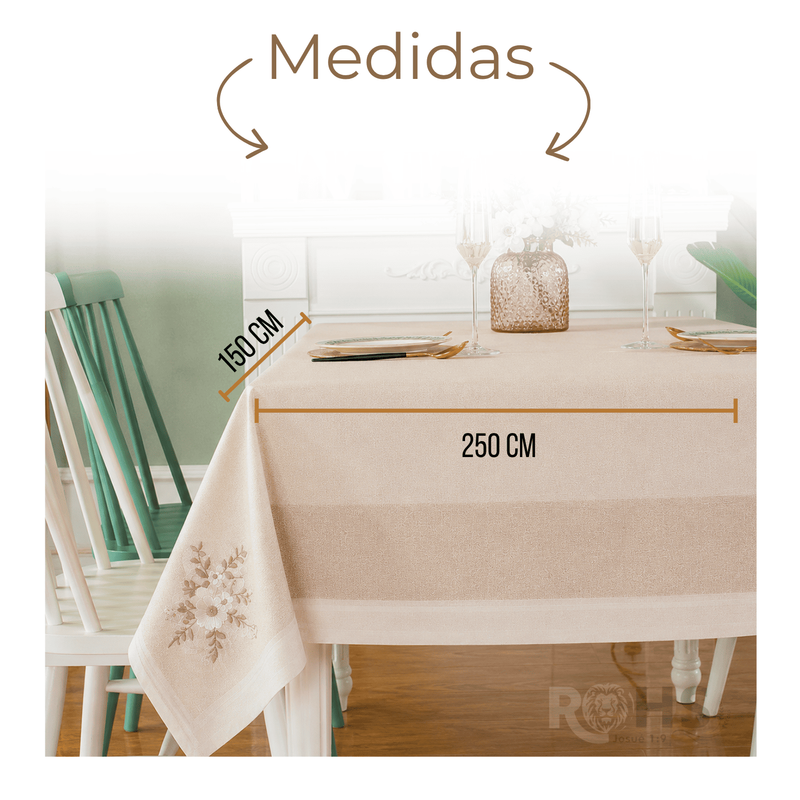 MANTEL BORDADO FLORAL RECTANGULAR BEIGE Y BLANCO 150X250 CM CON DISEÑO FLORAL BEIGE - 3