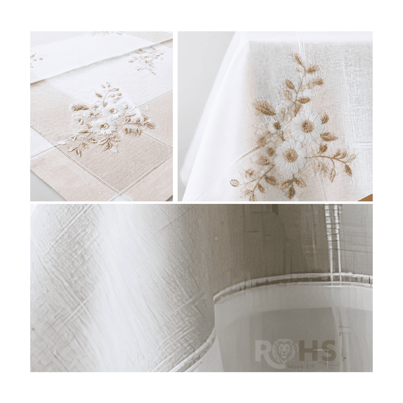 MANTEL BORDADO FLORAL RECTANGULAR BEIGE Y BLANCO 150X250 CM CON DISEÑO FLORAL BEIGE - 4