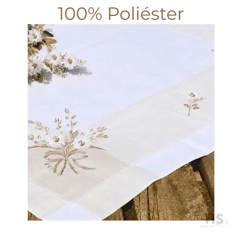 MANTEL BORDADO FLORAL RECTANGULAR BEIGE Y BLANCO 150X250 CM CON DISEÑO FLORAL BEIGE - 5