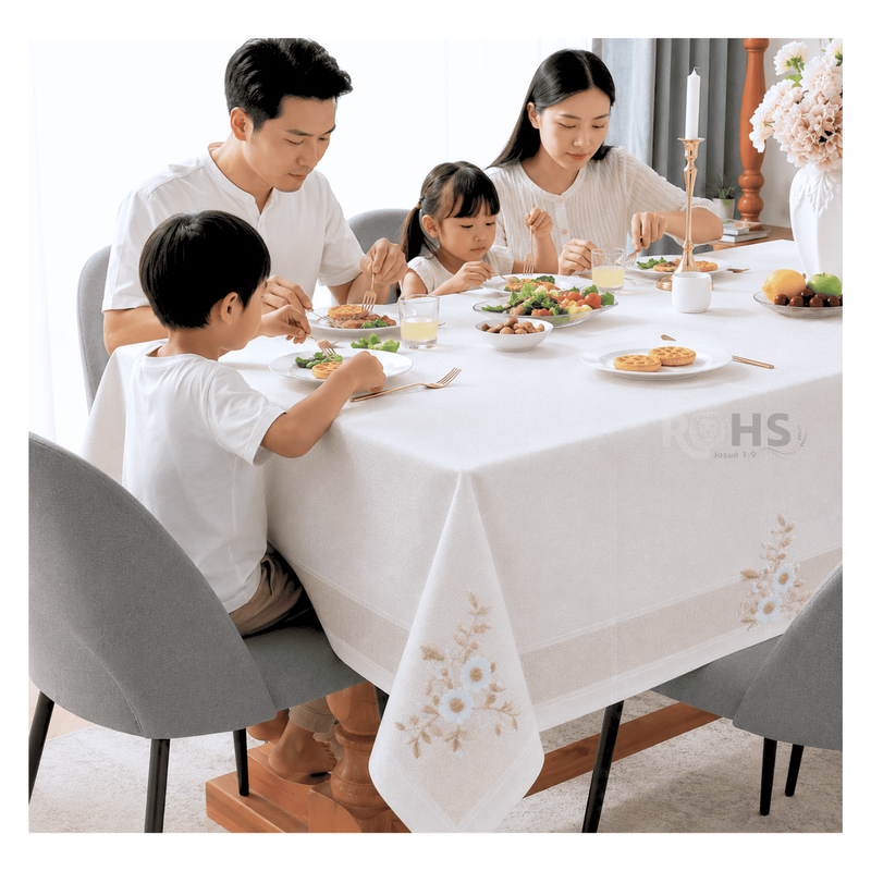 MANTEL BORDADO FLORAL RECTANGULAR BEIGE Y BLANCO 150X250 CM CON DISEÑO FLORAL BEIGE - 6