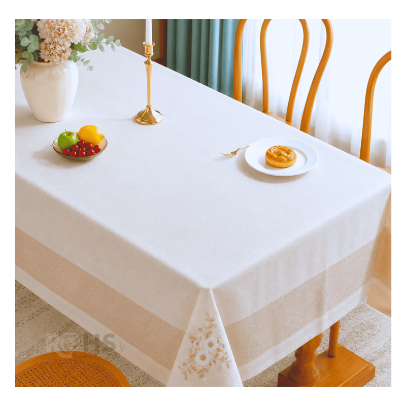 MANTEL BORDADO FLORAL RECTANGULAR BEIGE Y BLANCO 150X250 CM CON DISEÑO FLORAL BEIGE - 7
