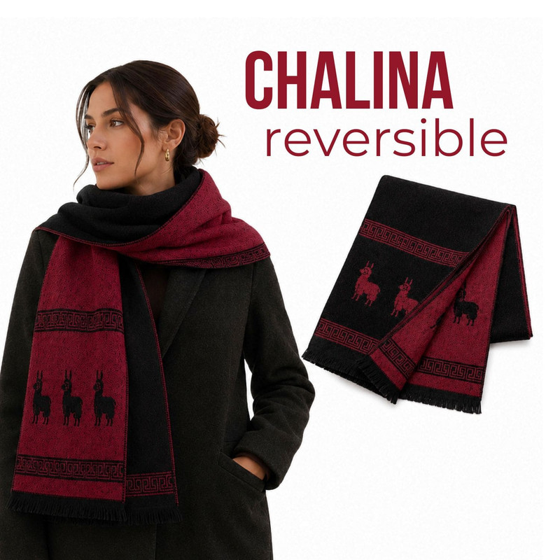 CHALINA REVERSIBLE NEGRO Y ROJO  CON DISEÑO DE LLAMAS TELA SUAVE 184 X 32 CM - 1