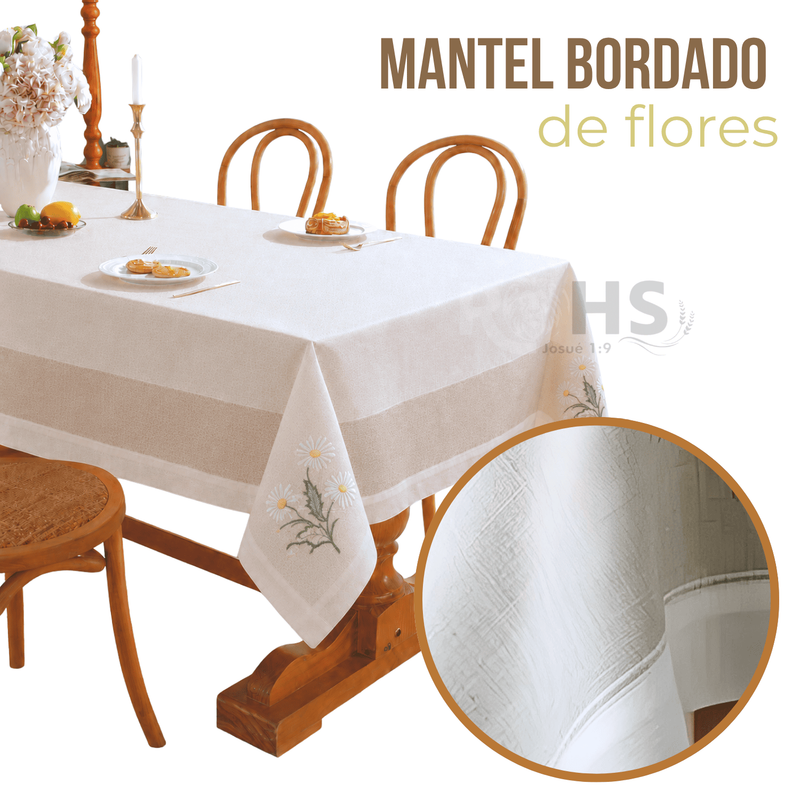 MANTEL BORDADO FLORAL RECTANGULAR BEIGE Y BLANCO 150X250 CM CON DISEÑO MARGARITAS - 1