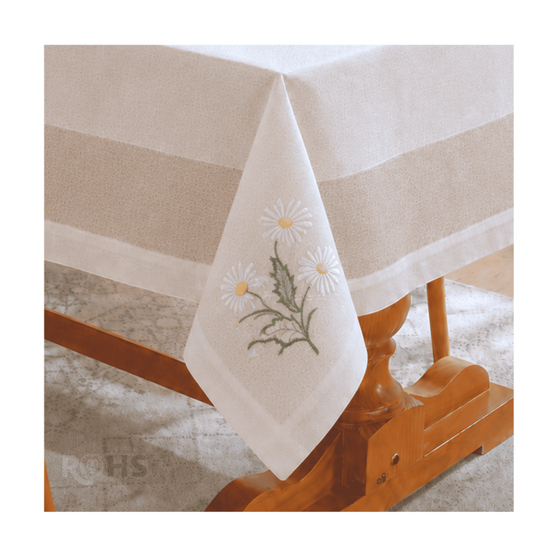 MANTEL BORDADO FLORAL RECTANGULAR BEIGE Y BLANCO 150X250 CM CON DISEÑO MARGARITAS - 2