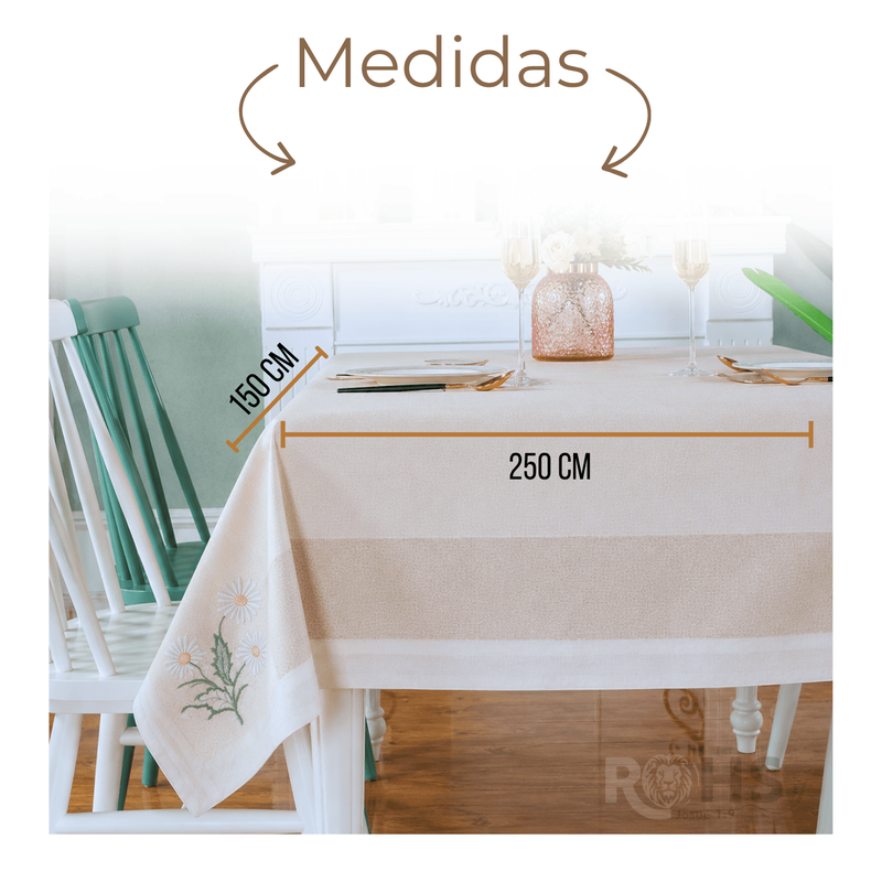 MANTEL BORDADO FLORAL RECTANGULAR BEIGE Y BLANCO 150X250 CM CON DISEÑO MARGARITAS - 3