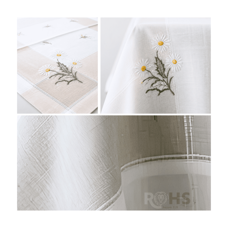 MANTEL BORDADO FLORAL RECTANGULAR BEIGE Y BLANCO 150X250 CM CON DISEÑO MARGARITAS - 4