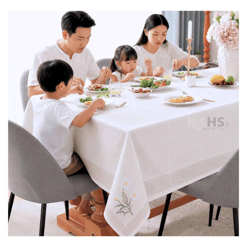 MANTEL BORDADO FLORAL RECTANGULAR BEIGE Y BLANCO 150X250 CM CON DISEÑO MARGARITAS - 6