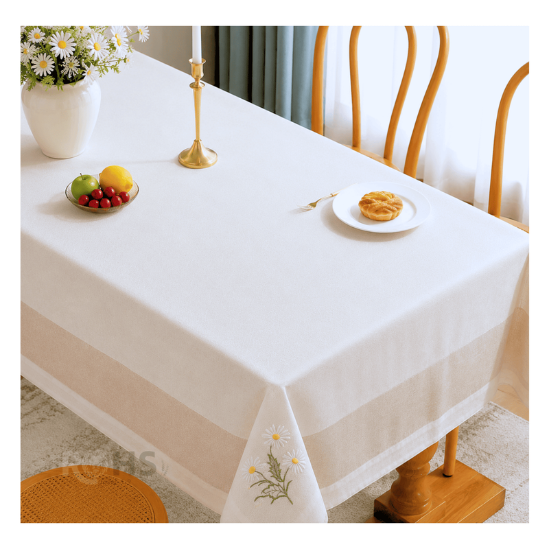 MANTEL BORDADO FLORAL RECTANGULAR BEIGE Y BLANCO 150X250 CM CON DISEÑO MARGARITAS - 7