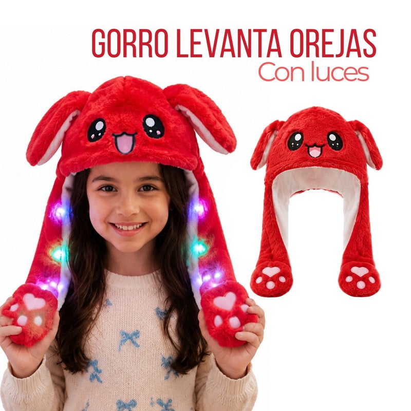 GORRO LEVANTA OREJAS ROJO CON LUCES DE COLORES DE TELA SUAVE - 1