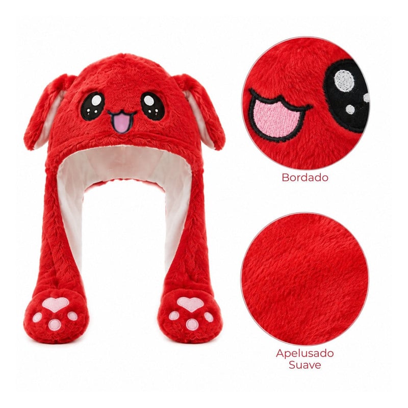 GORRO LEVANTA OREJAS ROJO CON LUCES DE COLORES DE TELA SUAVE - 3