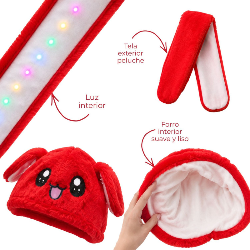GORRO LEVANTA OREJAS ROJO CON LUCES DE COLORES DE TELA SUAVE - 4