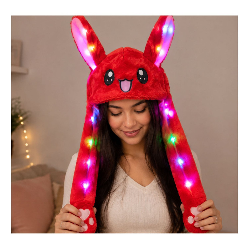 GORRO LEVANTA OREJAS ROJO CON LUCES DE COLORES DE TELA SUAVE - 6