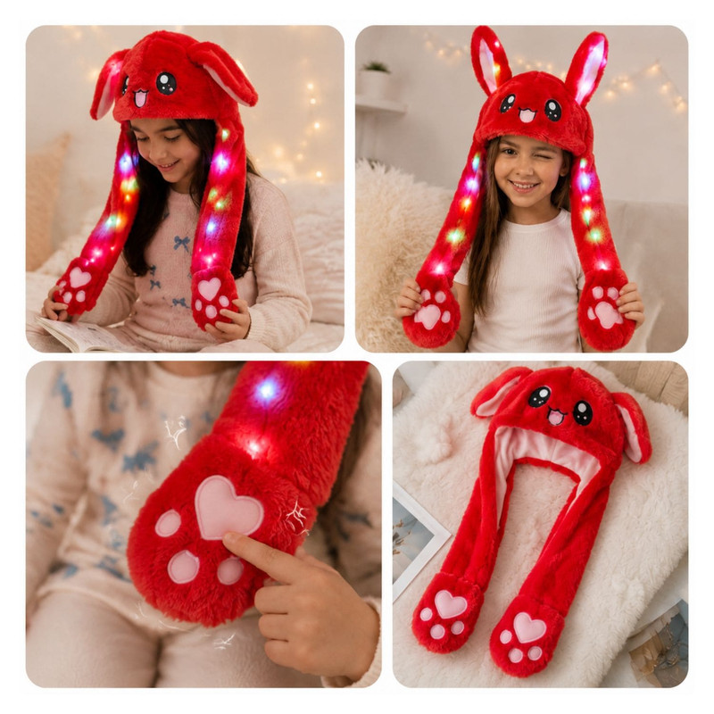 GORRO LEVANTA OREJAS ROJO CON LUCES DE COLORES DE TELA SUAVE - 7