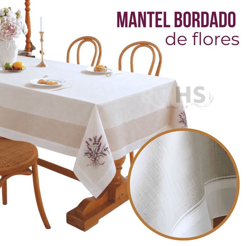 MANTEL BORDADO FLORAL RECTANGULAR BEIGE Y BLANCO 150X250 CM CON DISEÑO LAVANDA - 1