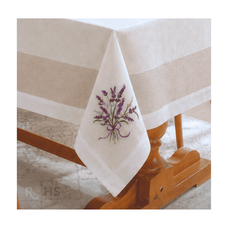 MANTEL BORDADO FLORAL RECTANGULAR BEIGE Y BLANCO 150X250 CM CON DISEÑO LAVANDA - 2