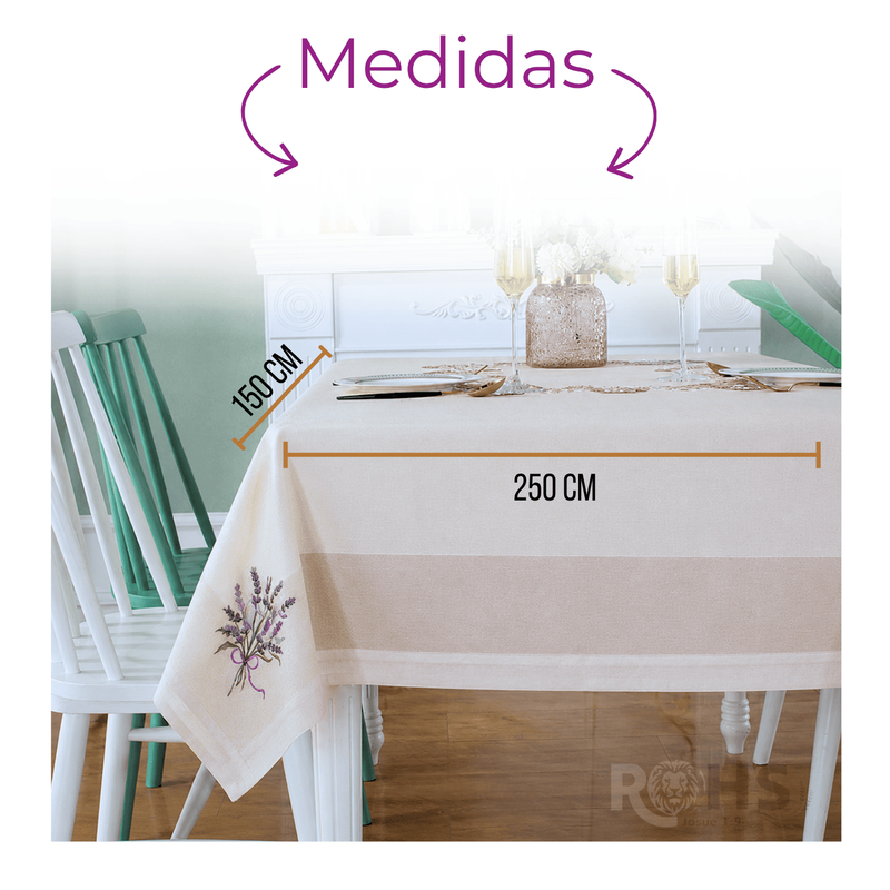 MANTEL BORDADO FLORAL RECTANGULAR BEIGE Y BLANCO 150X250 CM CON DISEÑO LAVANDA - 3