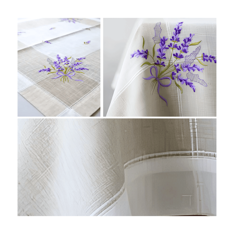 MANTEL BORDADO FLORAL RECTANGULAR BEIGE Y BLANCO 150X250 CM CON DISEÑO LAVANDA - 4