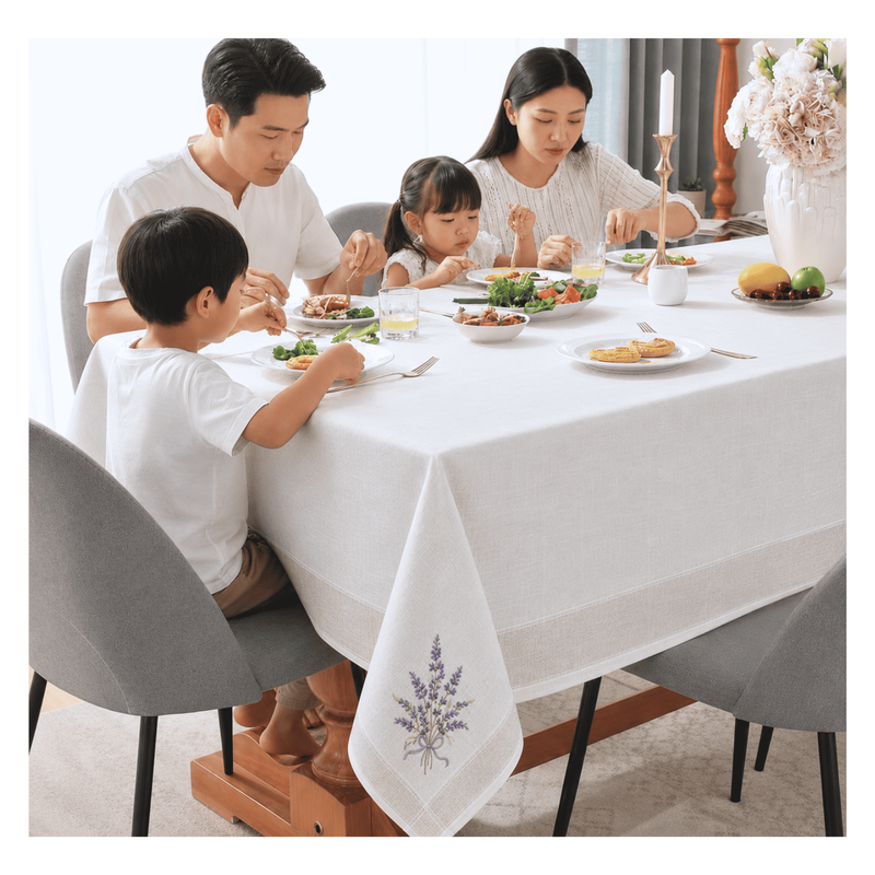 MANTEL BORDADO FLORAL RECTANGULAR BEIGE Y BLANCO 150X250 CM CON DISEÑO LAVANDA - 6