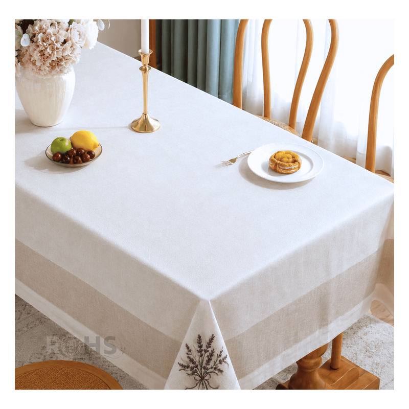 MANTEL BORDADO FLORAL RECTANGULAR BEIGE Y BLANCO 150X250 CM CON DISEÑO LAVANDA - 7
