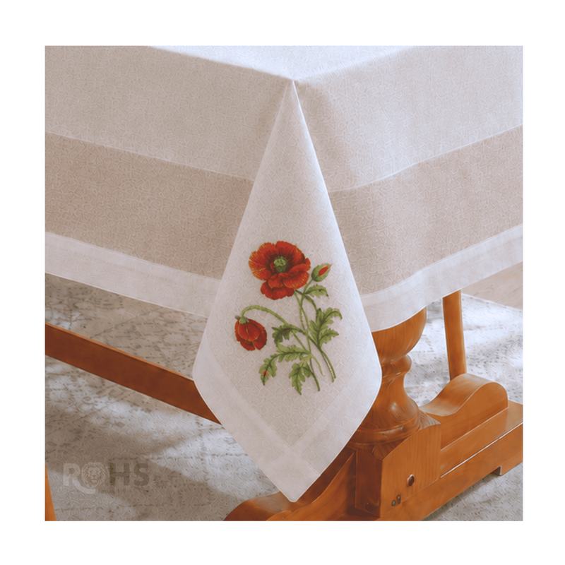 MANTEL BORDADO FLORAL RECTANGULAR BEIGE Y BLANCO 150X250 CM CON DISEÑO AMAPOLA - 2