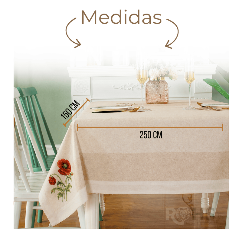 MANTEL BORDADO FLORAL RECTANGULAR BEIGE Y BLANCO 150X250 CM CON DISEÑO AMAPOLA - 3